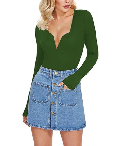 Women's Low Cut Bodysuit Sexy Leotards Deep V Neck Long Sleeve Body Suits Tops Green $14.33 Bodysuits