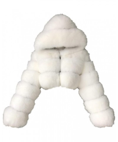 Women's Short Faux Fur Coats Hooded Warm Furry Splicing Crop Jacket Long Sleeve Winter Outerwear Elegant Furry Coat White $29...