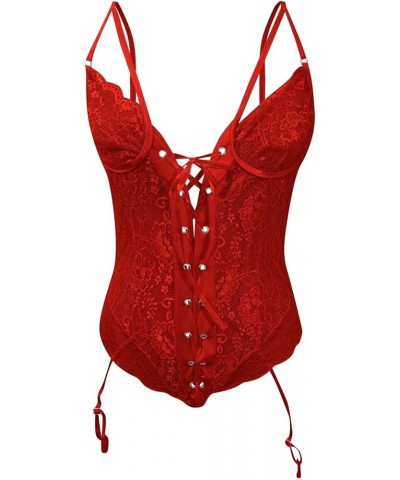 Women Snap Crotch Lingerie Sexy Lace Bodysuit Deep V Teddy Lace Push UP Bodysuit Sexy Glitter Lingerie Z4-red $11.20 Lingerie