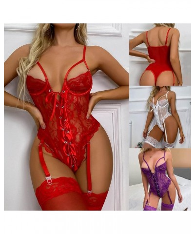 Women Snap Crotch Lingerie Sexy Lace Bodysuit Deep V Teddy Lace Push UP Bodysuit Sexy Glitter Lingerie Z4-red $11.20 Lingerie