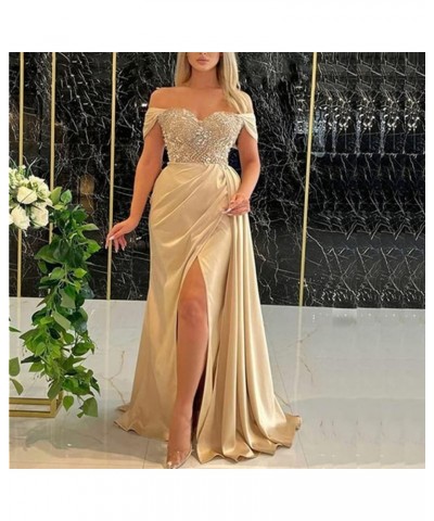 Mermaid Prom Dress Off Shoulder Pleated Satin Beaded Slit Formal Dress Floor Length V Neck Formal Evening Gowns SY66 Rose Gol...