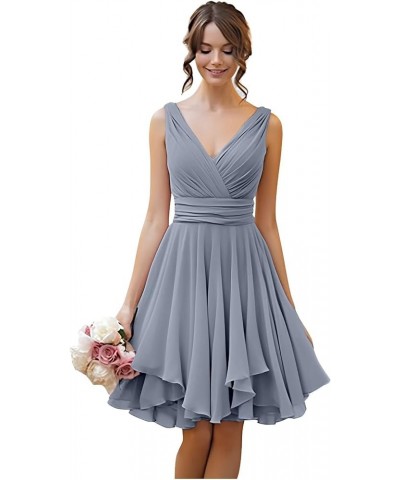 Short Bridesmaid Dresses Chiffon V Neck Cocktail Dresses Pleated for Wedding Dusty Blue $22.55 Dresses