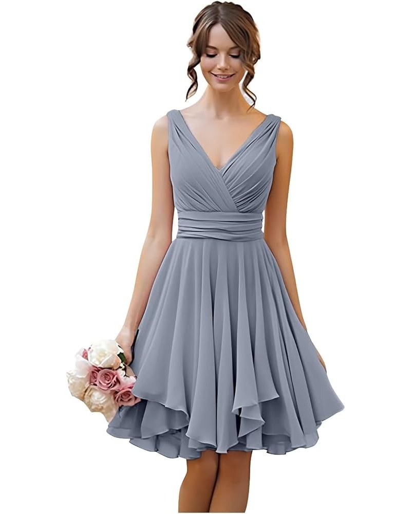 Short Bridesmaid Dresses Chiffon V Neck Cocktail Dresses Pleated for Wedding Dusty Blue $22.55 Dresses