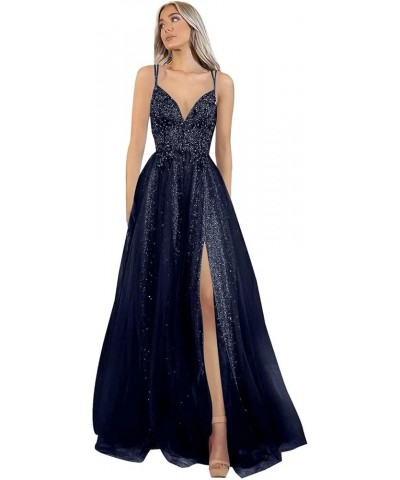 Women's Tulle Glitter Prom Dress 2023 Long Lace Spaghetti Straps Formal V Neck Evening Gowns with Slit Navy Blue $39.60 Dresses