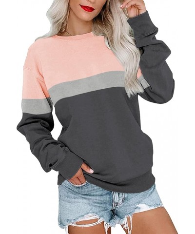 Womens Crew Neck Color Block/Solid Sweatshirts Tops Long Sleeve Casual Pullover Cute Lightweight Loose Tops B- Pink Charcoal ...