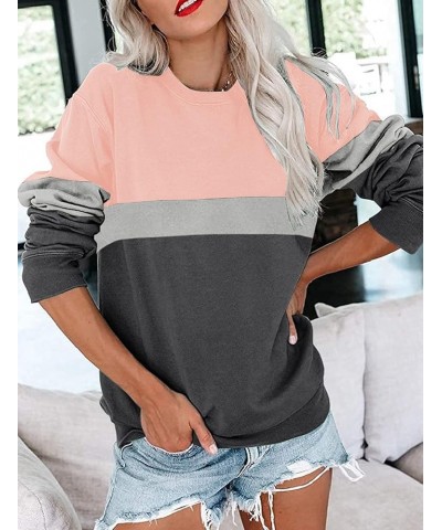 Womens Crew Neck Color Block/Solid Sweatshirts Tops Long Sleeve Casual Pullover Cute Lightweight Loose Tops B- Pink Charcoal ...