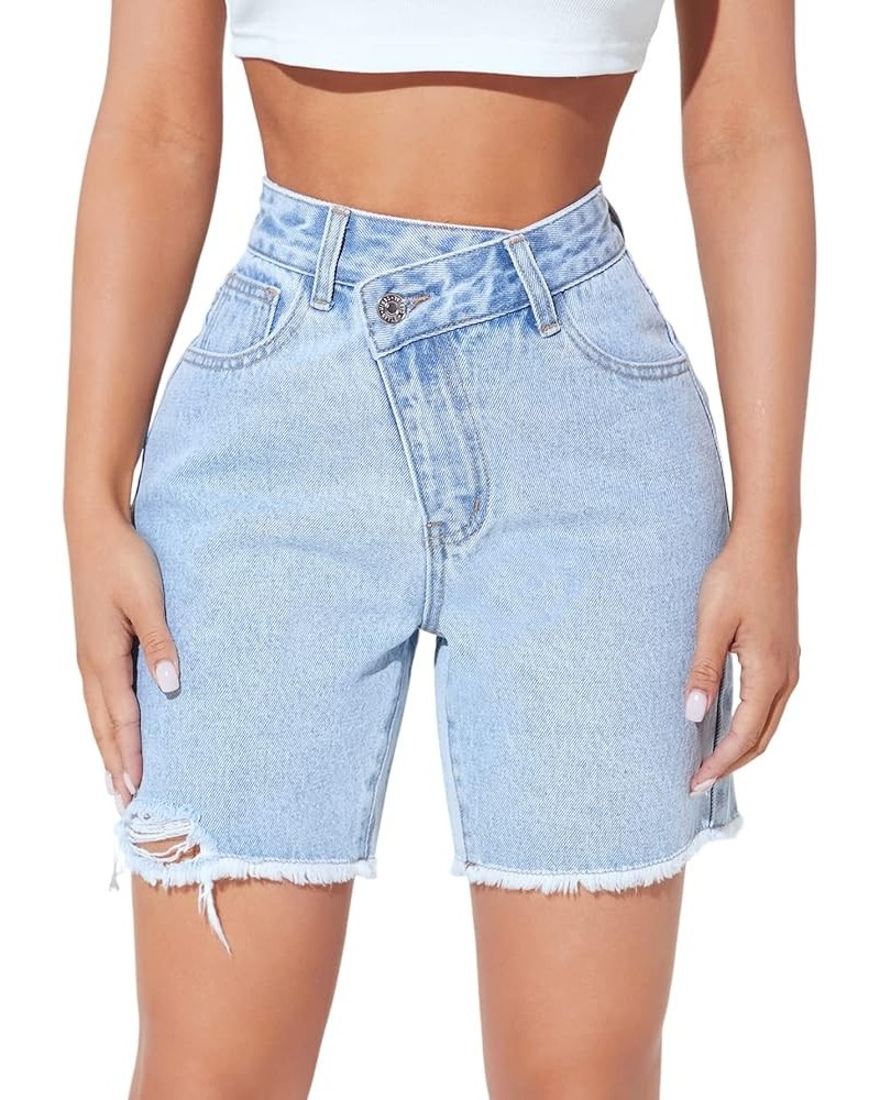 Women's High Waisted Jean Shorts Raw Hem Straight Leg Denim Shorts Summer Casual Short with Pockets Light Wash Blue Pure $12....