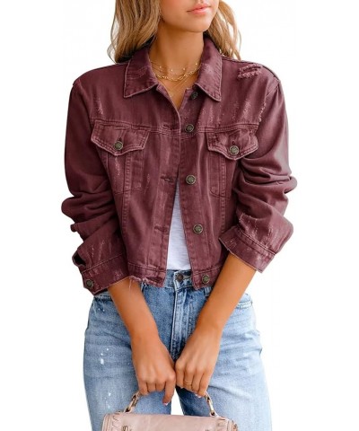 Womens Denim Jacket Distressed Frayed Ripped Jean Jacket Casual Button Down Light Jackets E Wine Red $28.59 Jackets