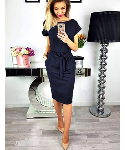 Womens Summer Tshirt Dress Striped Short Sleeve Work Tie Waist Dresses with Pockets Navy Blue $17.67 Dresses