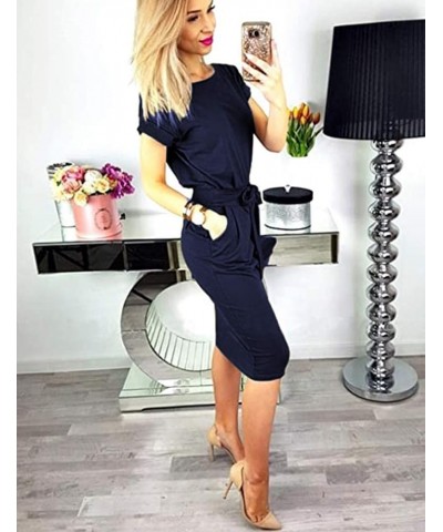 Womens Summer Tshirt Dress Striped Short Sleeve Work Tie Waist Dresses with Pockets Navy Blue $17.67 Dresses