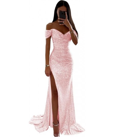 Sequin Off The Shoulder Prom Dresses Long 2024 Sparkly Ball Gown Pleated Formal Evening Dress with Slit Blush Pink $27.00 Dre...