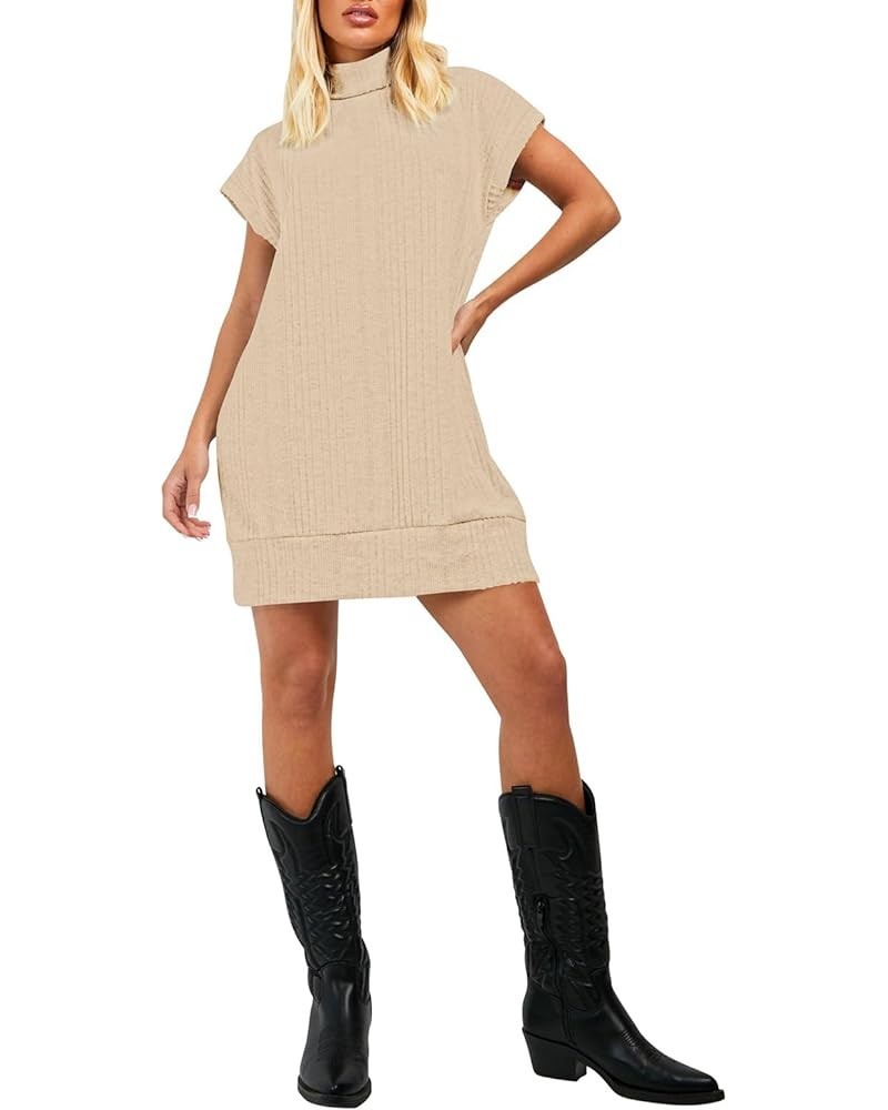 Women's Turtleneck Oversized Sweater Dress Short Cap Sleeve Pullover Sweaters Ribbed Knit Dresses Apricot $10.00 Sweaters