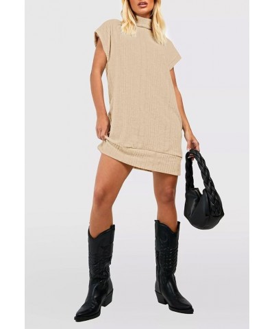 Women's Turtleneck Oversized Sweater Dress Short Cap Sleeve Pullover Sweaters Ribbed Knit Dresses Apricot $10.00 Sweaters