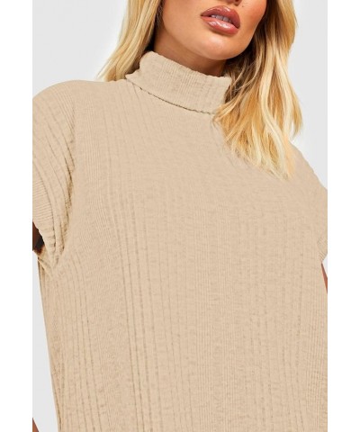 Women's Turtleneck Oversized Sweater Dress Short Cap Sleeve Pullover Sweaters Ribbed Knit Dresses Apricot $10.00 Sweaters