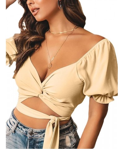 Womens Tie Up Back Crop Ruffle Blouse Short Sleeve Off Shoulder Blouse Tops Apricot 02 $6.75 Blouses