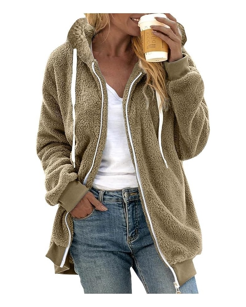 Women Winter Fuzzy Fleece Zip Up Jacket Fluffy Sherpa Cardigan Outerwear Coat Color Block Patchwork Hooded Coat 02 Khaki $10....