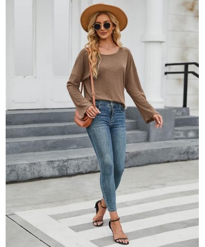 Women Fall Long Sleeve Shirts Puff Sleeve Crew Neck Tops Solid Color Casual Loose Tunic Tops Pullovers Beige $11.20 Tops