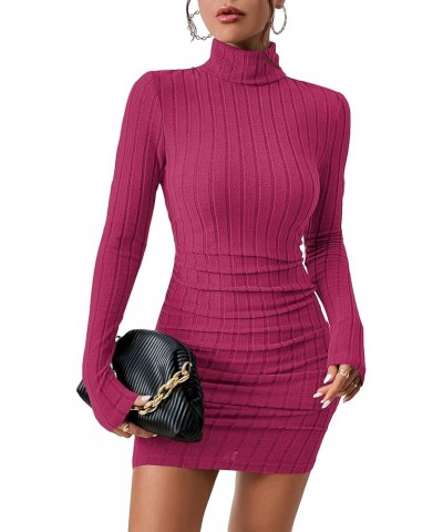 Women's Rib Knit Ruched Long Sleeve Short Bodycon Dresses High Neck Slim Fit High Waist Sweater Dress Hot Pink $12.71 Dresses