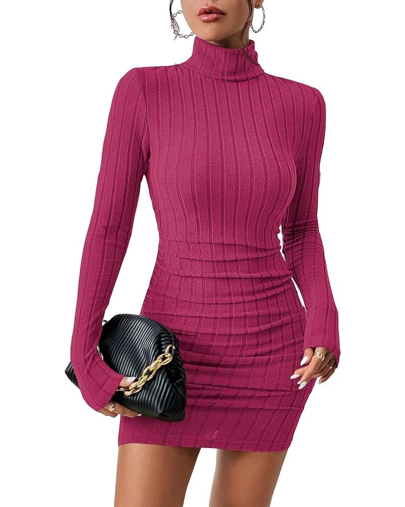 Women's Rib Knit Ruched Long Sleeve Short Bodycon Dresses High Neck Slim Fit High Waist Sweater Dress Hot Pink $12.71 Dresses