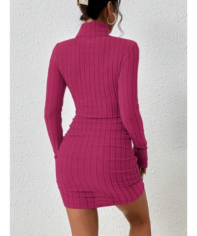 Women's Rib Knit Ruched Long Sleeve Short Bodycon Dresses High Neck Slim Fit High Waist Sweater Dress Hot Pink $12.71 Dresses