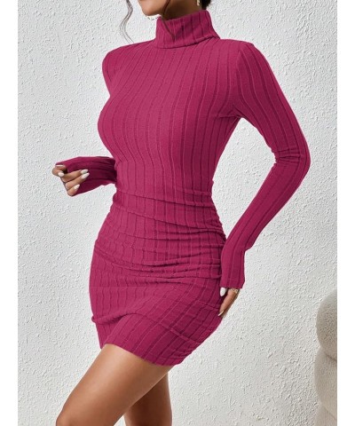 Women's Rib Knit Ruched Long Sleeve Short Bodycon Dresses High Neck Slim Fit High Waist Sweater Dress Hot Pink $12.71 Dresses