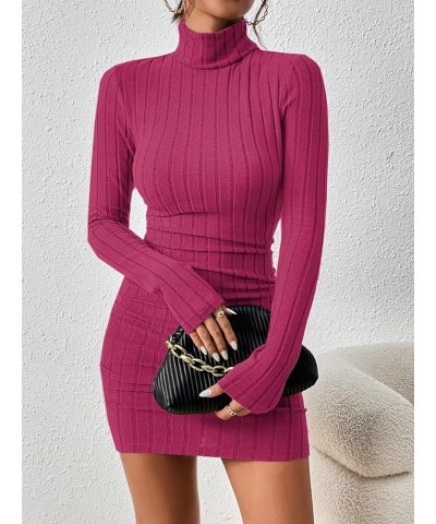 Women's Rib Knit Ruched Long Sleeve Short Bodycon Dresses High Neck Slim Fit High Waist Sweater Dress Hot Pink $12.71 Dresses