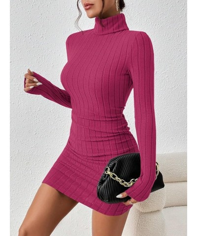 Women's Rib Knit Ruched Long Sleeve Short Bodycon Dresses High Neck Slim Fit High Waist Sweater Dress Hot Pink $12.71 Dresses