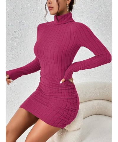 Women's Rib Knit Ruched Long Sleeve Short Bodycon Dresses High Neck Slim Fit High Waist Sweater Dress Hot Pink $12.71 Dresses