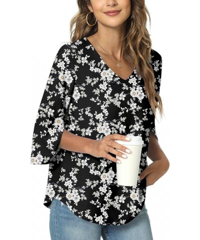 Womens 2024 Casual V-Neck Loose Tunic Top for leggings 3/4 Sleeve Chiffon Blouse Shirt Tops V/Small Flower-black $12.40 Tops