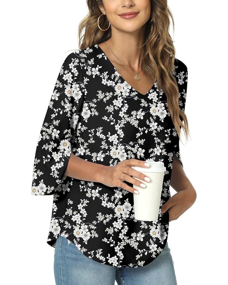 Womens 2024 Casual V-Neck Loose Tunic Top for leggings 3/4 Sleeve Chiffon Blouse Shirt Tops V/Small Flower-black $12.40 Tops