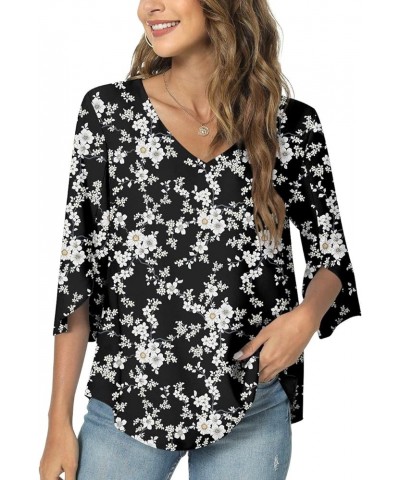 Womens 2024 Casual V-Neck Loose Tunic Top for leggings 3/4 Sleeve Chiffon Blouse Shirt Tops V/Small Flower-black $12.40 Tops