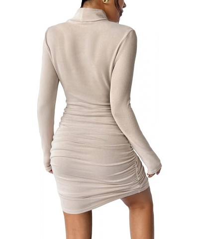 Women's Ruched High Turtleneck Bodycon Dress Long Sleeve Fitted Mini Pencil Dresses Apricot $15.89 Dresses