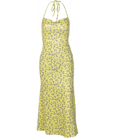 Women Floral Printed Spaghetti Strap Maxi Dress Y2K Low Cut Backless Long Dress Summer Streetwear Party Club Tie Up Yellow $1...