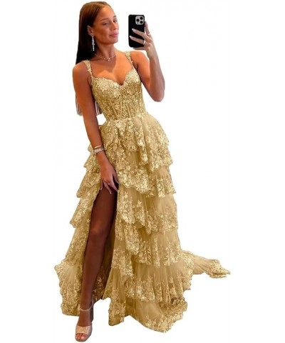 Sparkly Tiered Lace Tulle Prom Dresses Long 2024 Spaghetti Straps Formal Corset Evening Gown with Slit Gold $41.80 Dresses