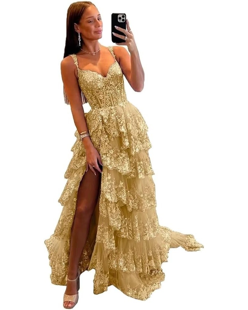 Sparkly Tiered Lace Tulle Prom Dresses Long 2024 Spaghetti Straps Formal Corset Evening Gown with Slit Gold $41.80 Dresses