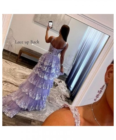 Sparkly Tiered Lace Tulle Prom Dresses Long 2024 Spaghetti Straps Formal Corset Evening Gown with Slit Gold $41.80 Dresses