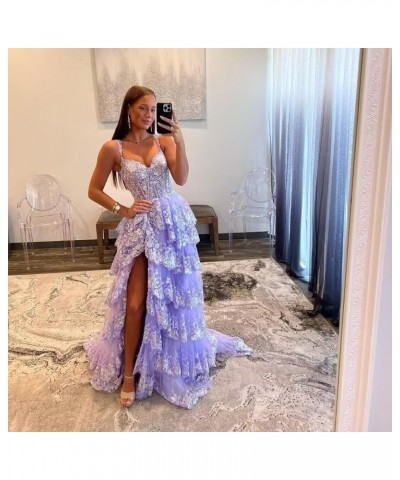 Sparkly Tiered Lace Tulle Prom Dresses Long 2024 Spaghetti Straps Formal Corset Evening Gown with Slit Gold $41.80 Dresses