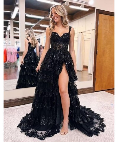 Sparkly Tiered Lace Tulle Prom Dresses Long 2024 Spaghetti Straps Formal Corset Evening Gown with Slit Gold $41.80 Dresses