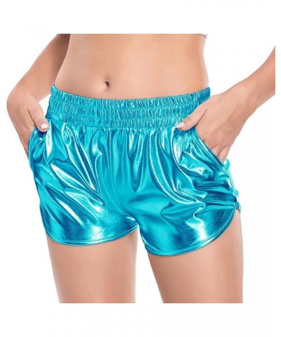 Women's Metallic Shorts Shiny Pants with Elastic Waist Hot Rave Dance Sky Blue $9.24 Activewear