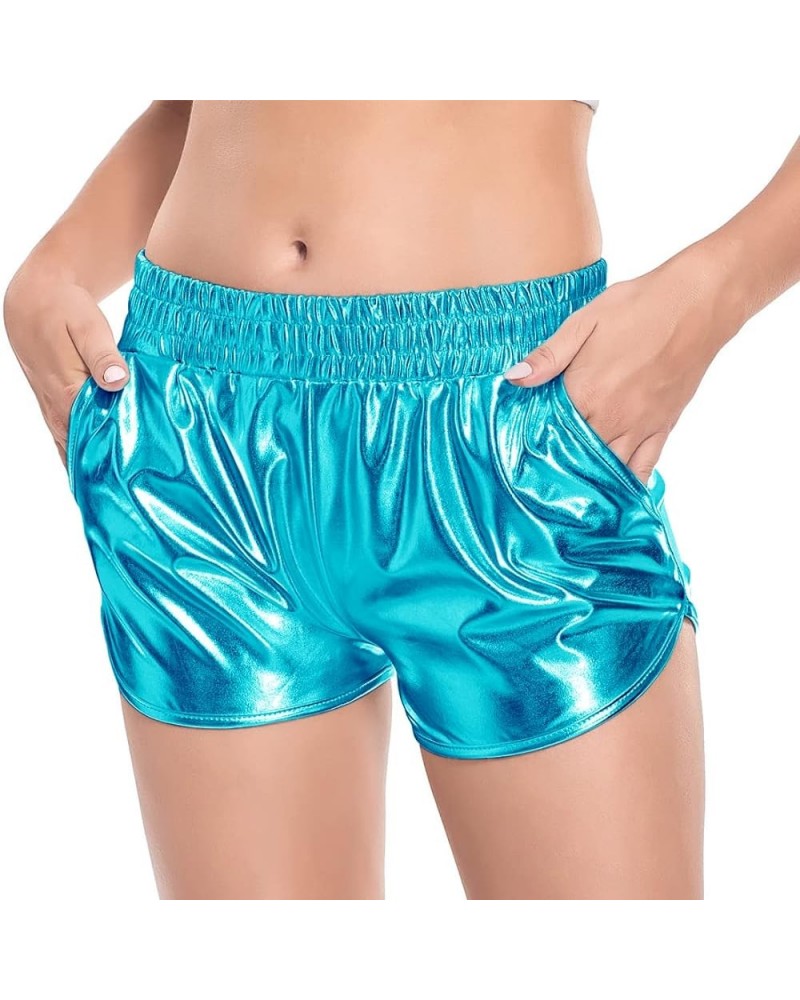 Women's Metallic Shorts Shiny Pants with Elastic Waist Hot Rave Dance Sky Blue $9.24 Activewear