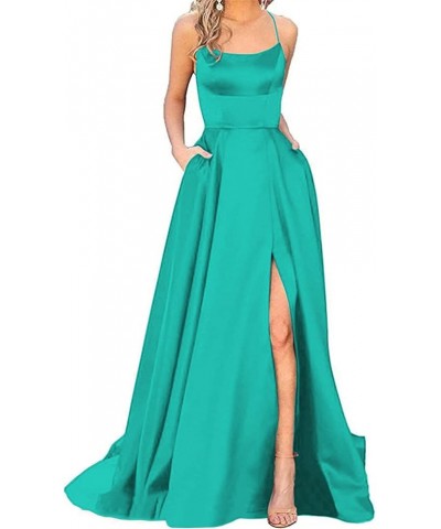 Women's Satin Prom Dresses Long Ball Gown with Slit Backless Spaghetti Straps Formal Evening Dress for Wedding Turquoise $36....