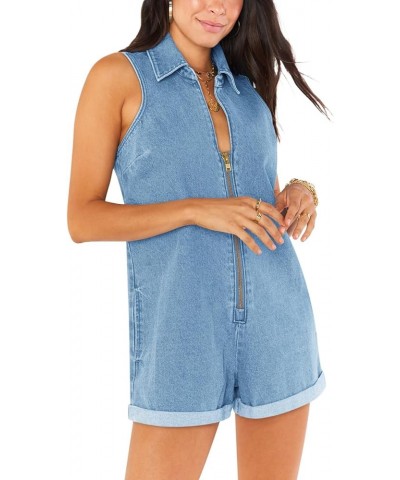 Short Rompers for Women Summer Dressy Sleeveless Jean Romper Loose Fit Zipper Overall S-2XL 03-blue $18.04 Rompers