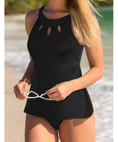 Women's Halter High Neck Tankini Top Key Hole Bathing Suit Black $12.54 Swimsuits