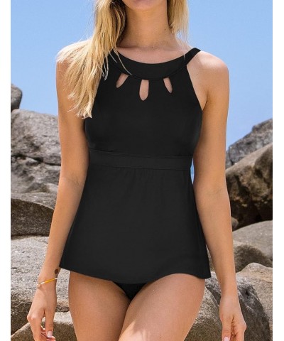 Women's Halter High Neck Tankini Top Key Hole Bathing Suit Black $12.54 Swimsuits