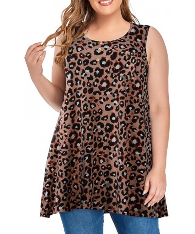 Women's Plus Size Tank Tops Casual Loose Swing Sleeveless Tunic T-Shirts with Pocket 1- Leopard Pink $10.99 Tanks