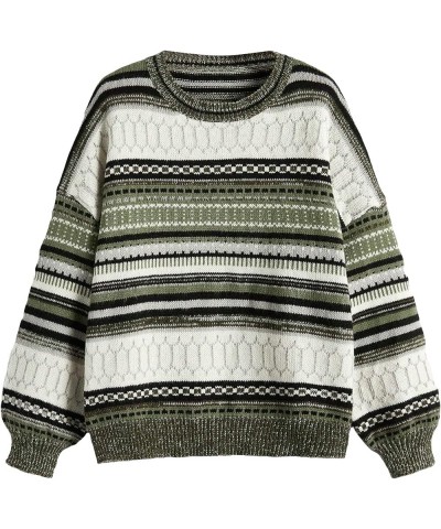 Women's Striped Crew Neck Oversized Geometric Vintage Sweater Pullover Top Green White $22.05 Sweaters