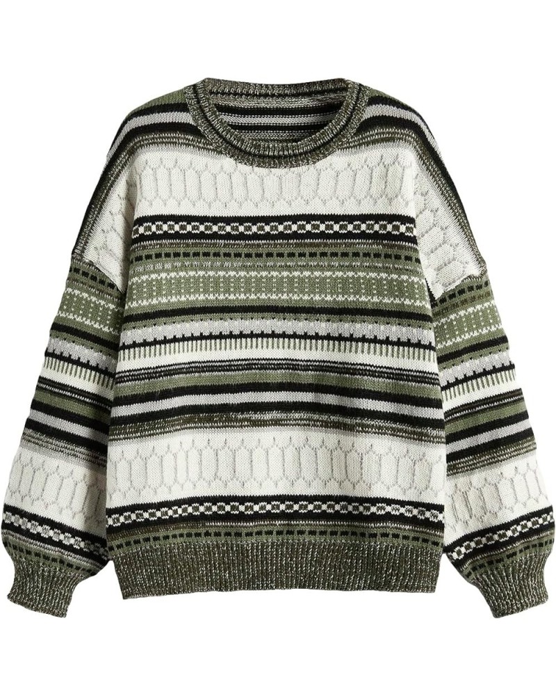 Women's Striped Crew Neck Oversized Geometric Vintage Sweater Pullover Top Green White $22.05 Sweaters