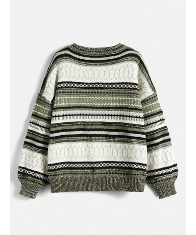 Women's Striped Crew Neck Oversized Geometric Vintage Sweater Pullover Top Green White $22.05 Sweaters