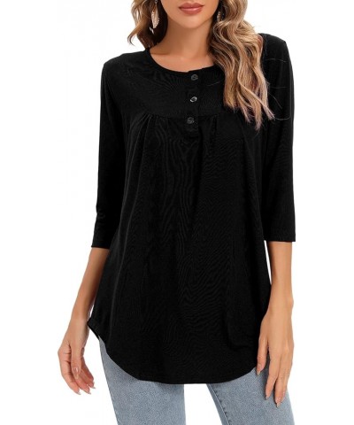 Women's Paisley Printed 3/4 Sleeve Henley V Neck Pleated Casual Flare Tunic Damask Irregular Hem Blouse Shirt Solid Black $13...