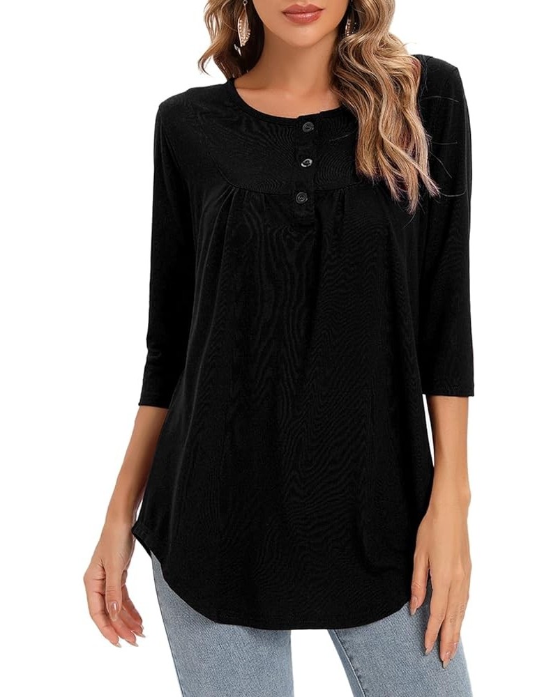 Women's Paisley Printed 3/4 Sleeve Henley V Neck Pleated Casual Flare Tunic Damask Irregular Hem Blouse Shirt Solid Black $13...